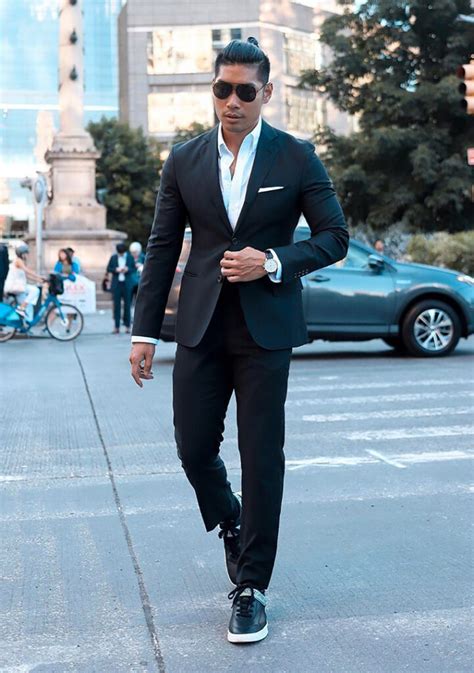 black suit with sneakers